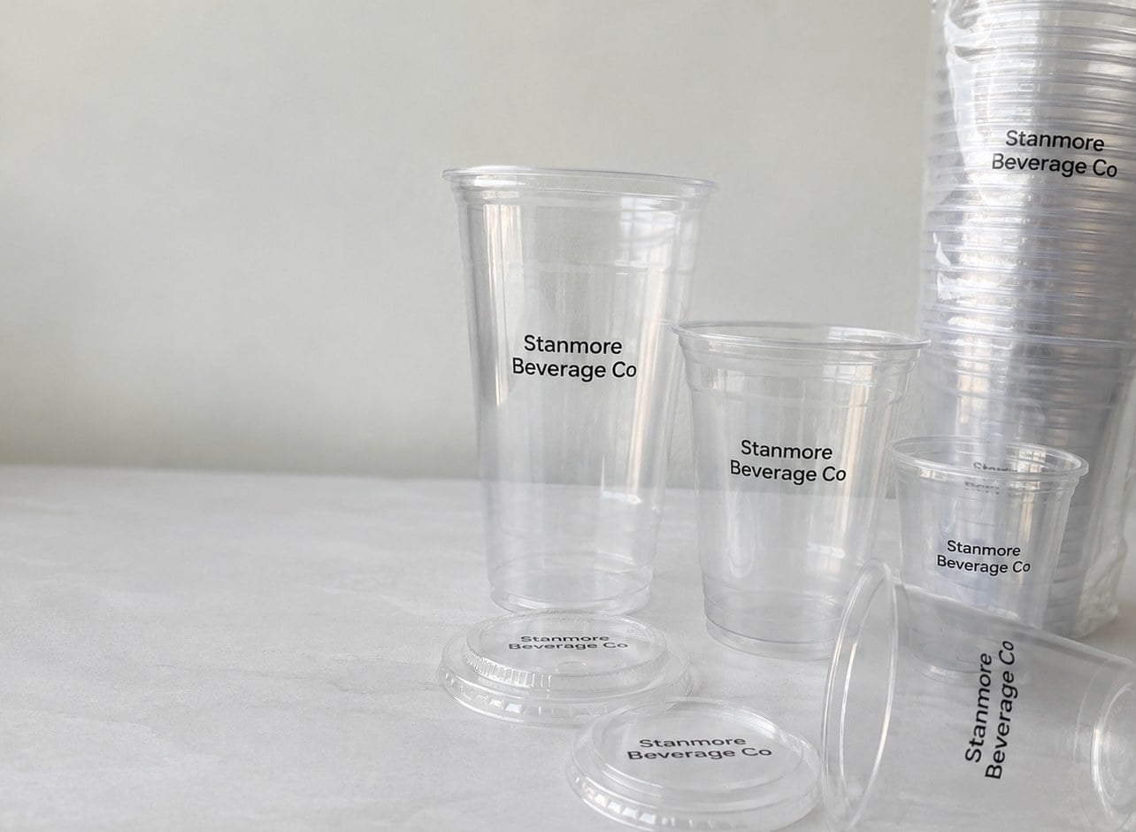 Custom printed disposable plastic cups in several sizes standing on a pale table with nested sleeves and lids